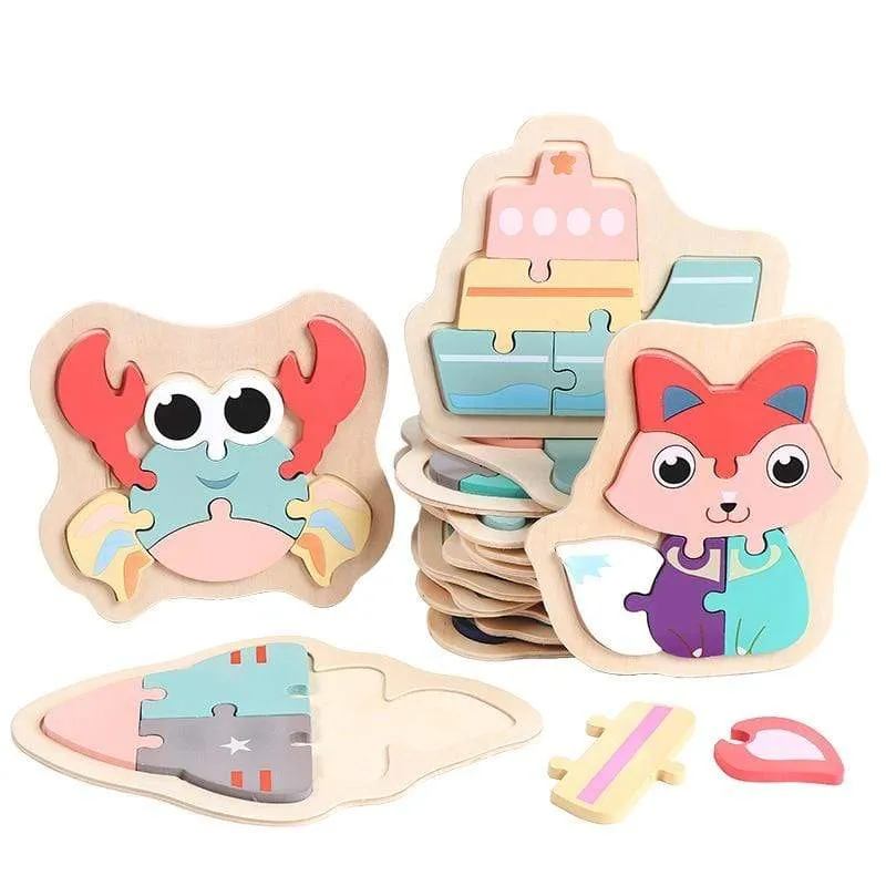 3D Wooden Puzzle Toys For Children Cartoon Animal Vehicle Wood PuzzlesJigsaw Intelligence Kid Baby Early Educational Toys Gifts
