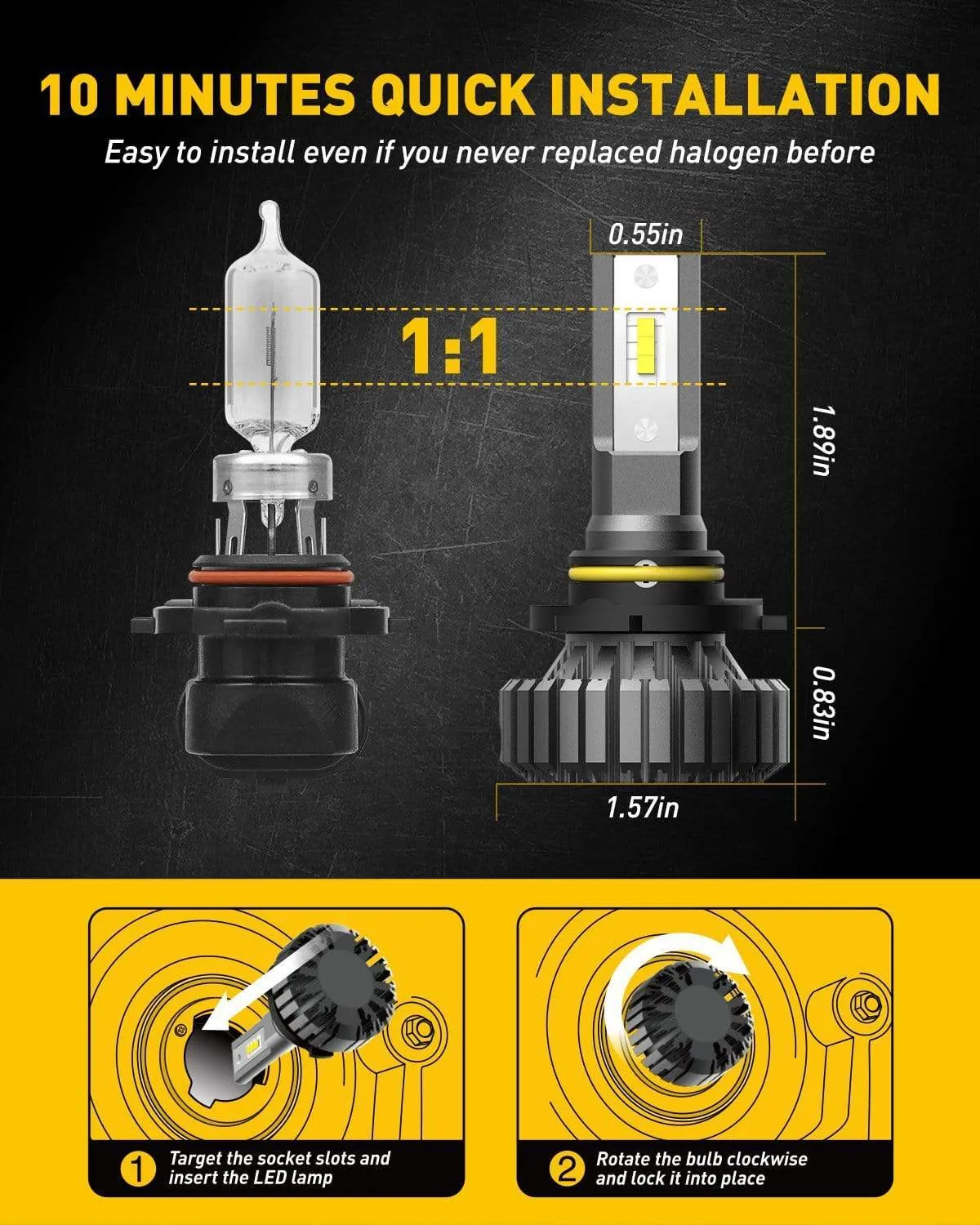 9005/HB3 LED Bulbs, 6500K White Fanless Lights, 300% Brighter, H10/9145/9140 LED Fog Light Bulbs, Pack of 2