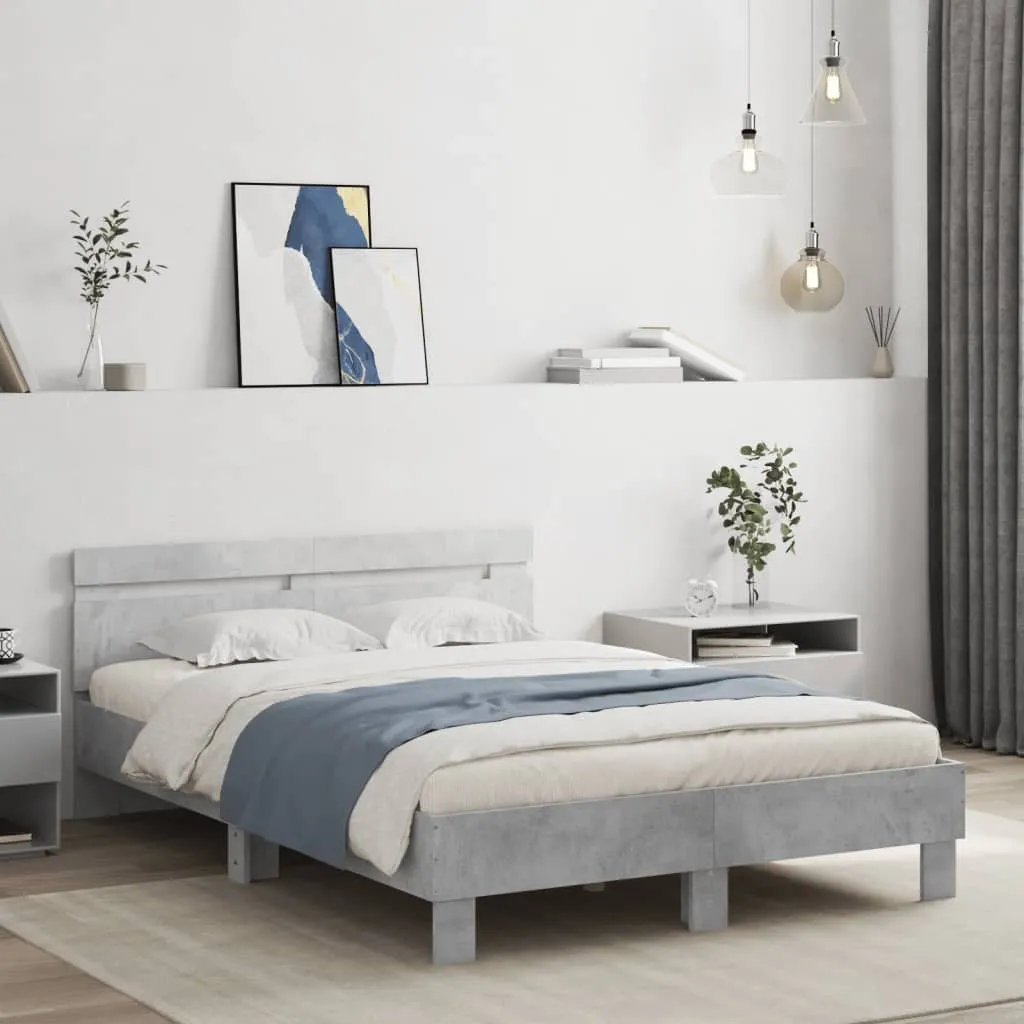 Bed Frame with Headboard and LED Concrete Grey 120x190 cm Small Double
