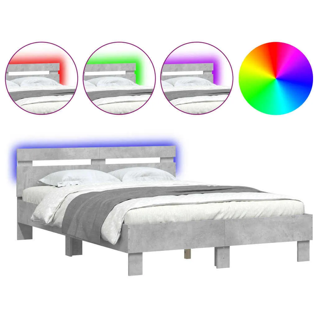 Bed Frame with Headboard and LED Concrete Grey 120x190 cm Small Double