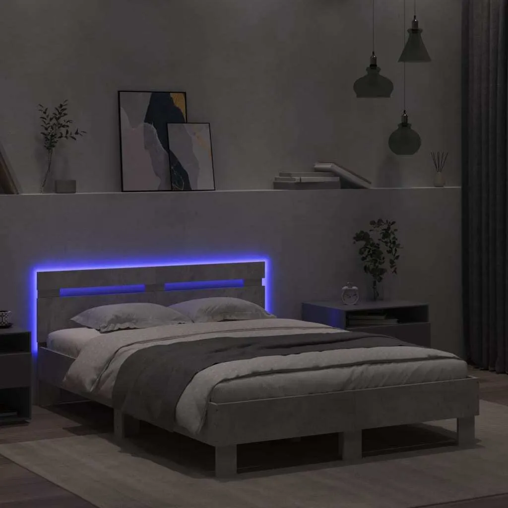 Bed Frame with Headboard and LED Concrete Grey 120x190 cm Small Double