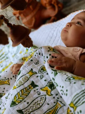 Fish Tales – Hand Block Printed Muslin Blanket