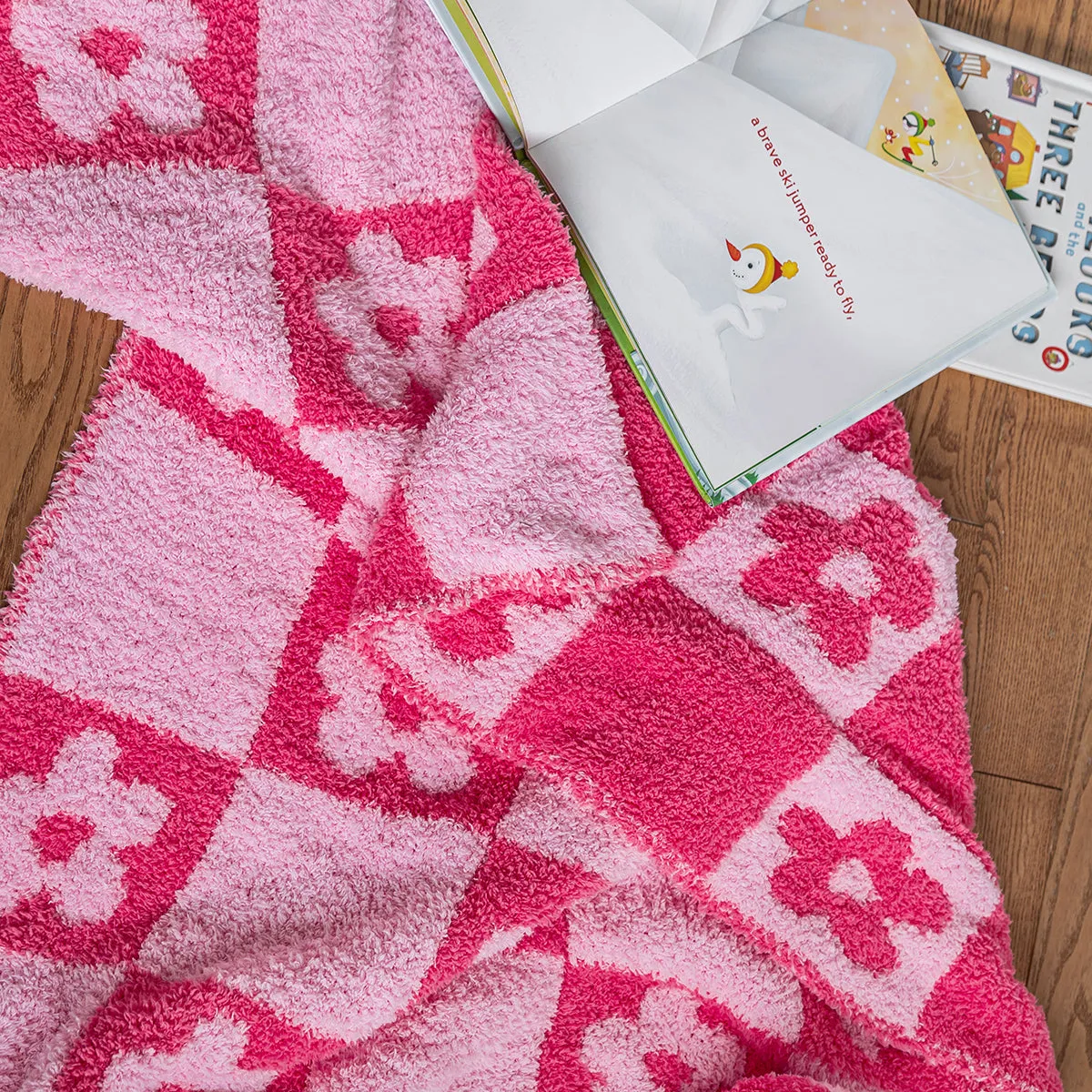 Hot Bright Pink Flower Power Checkerboard Print Toddler Blanket